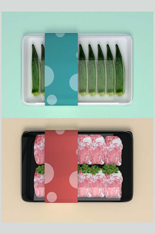 健康美味荤菜素菜食物包装盒样机