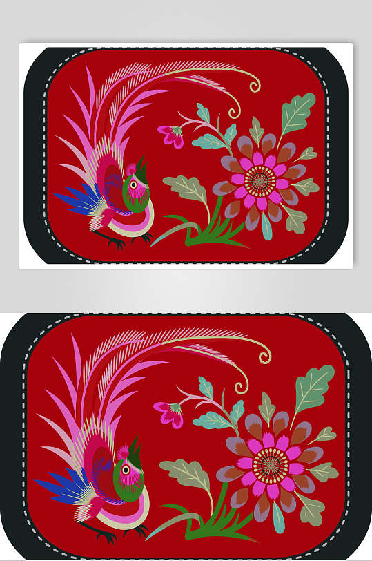 古代红色花鸟刺绣图案矢量素材