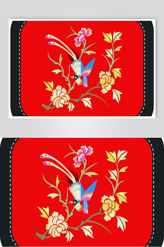 红色古代花鸟刺绣图案矢量素材