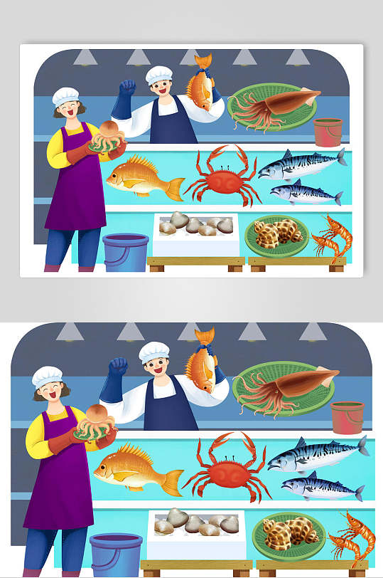 海鲜高端创意手绘超市店铺货架素材