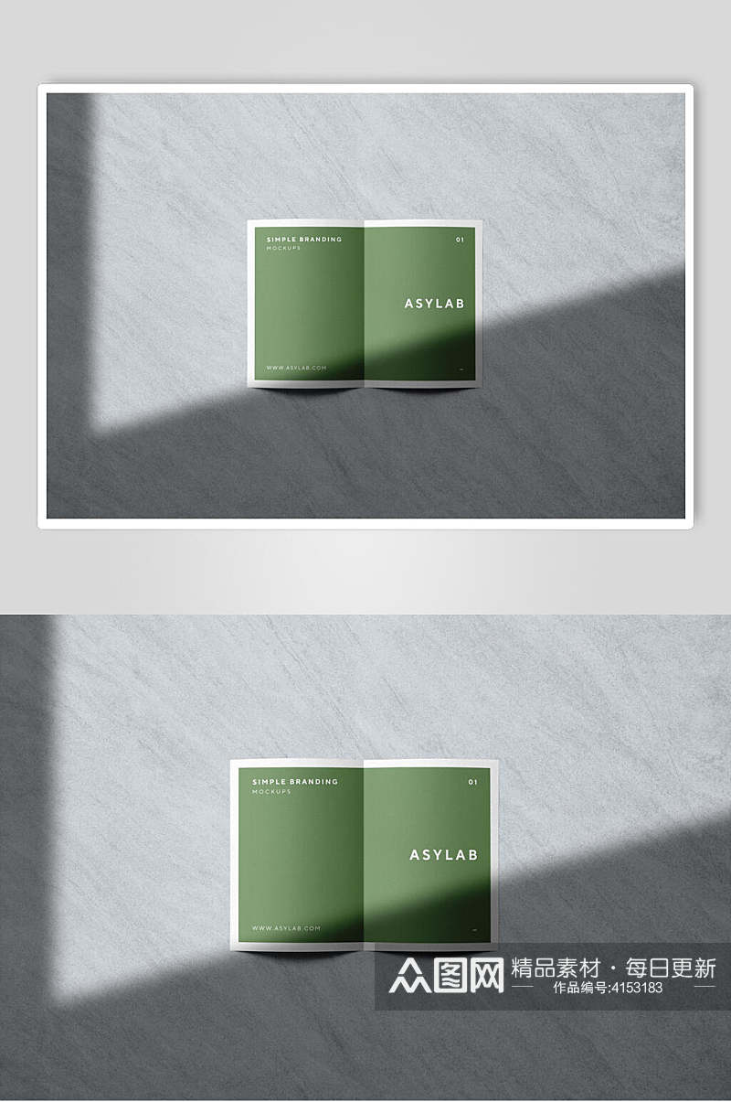 打开对折绿色卡片名片阴影展示样机素材