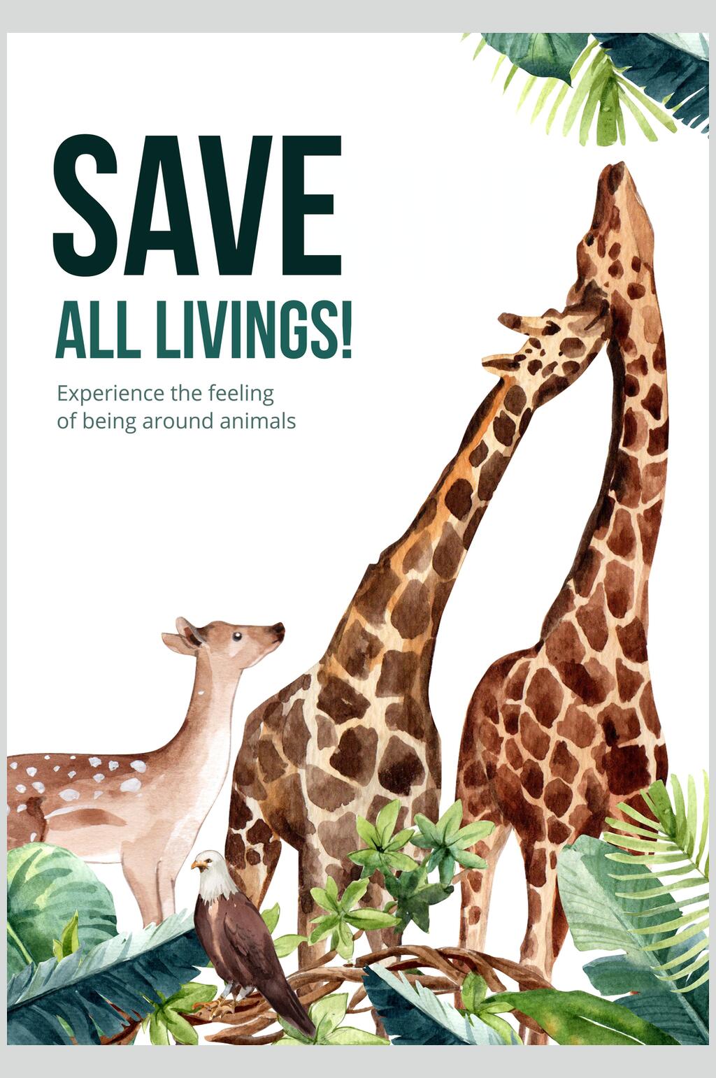 水彩动物图案长颈鹿热带植物海报素材