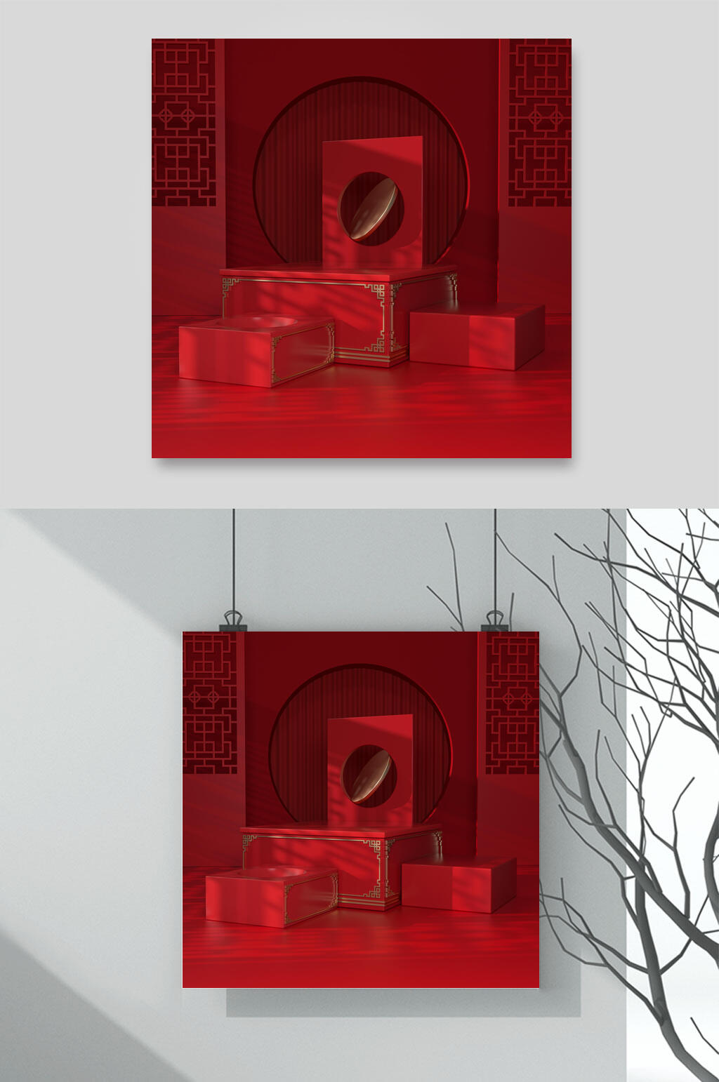 红色简约立体电商展示台背景素材