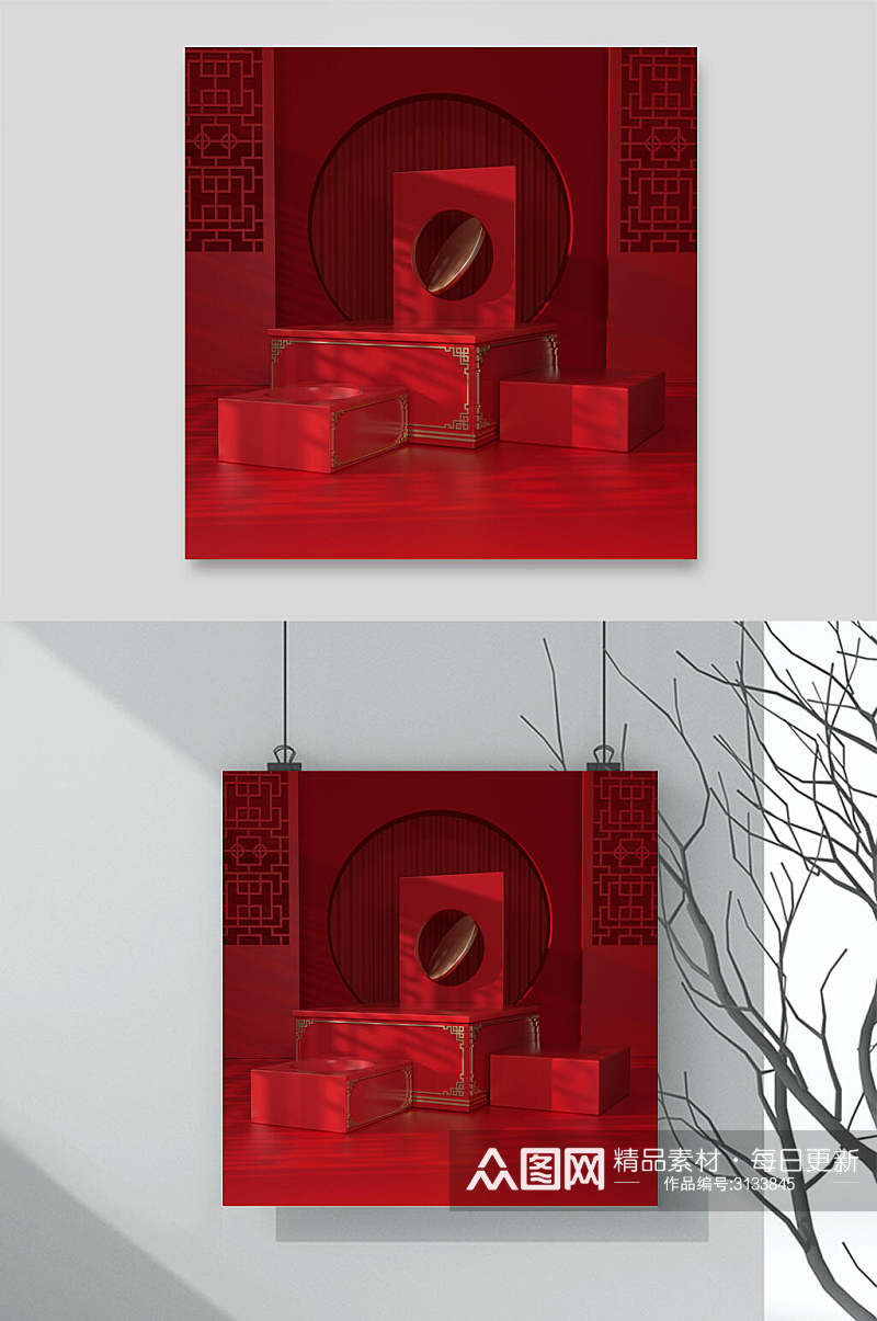 红色简约立体电商展示台背景素材