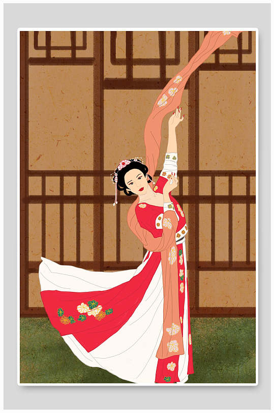 黄色清新手绘高端大气汉服美女插画