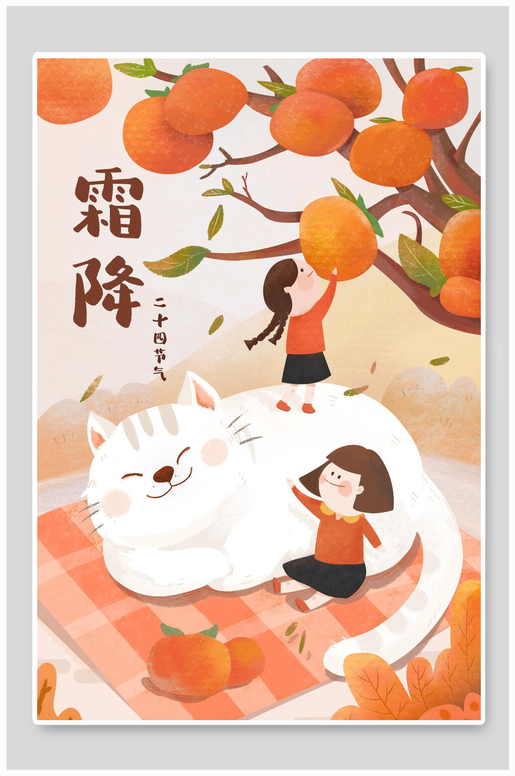 橙色柿子熟了手绘霜降节气海报插画素材