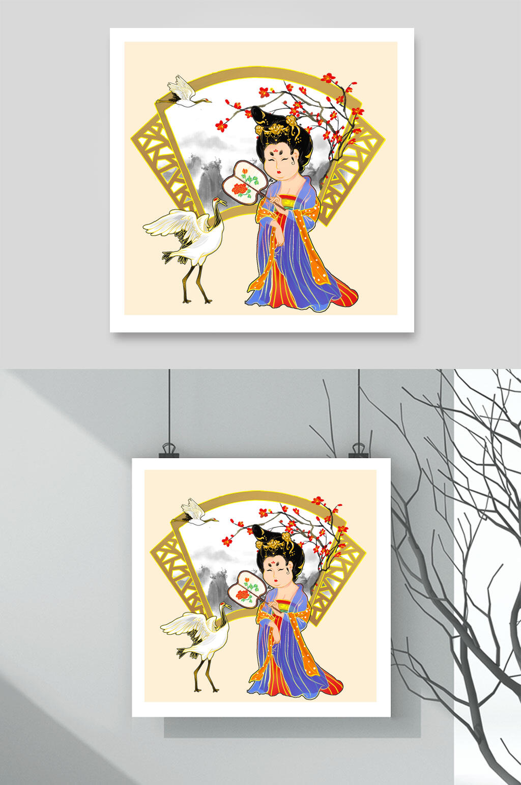 唯美大气仙鹤侍女人物插画素材素材