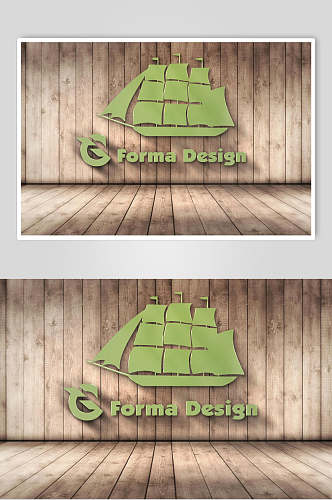绿色木质背景浮雕帆船品牌标志木纹材质展示样机