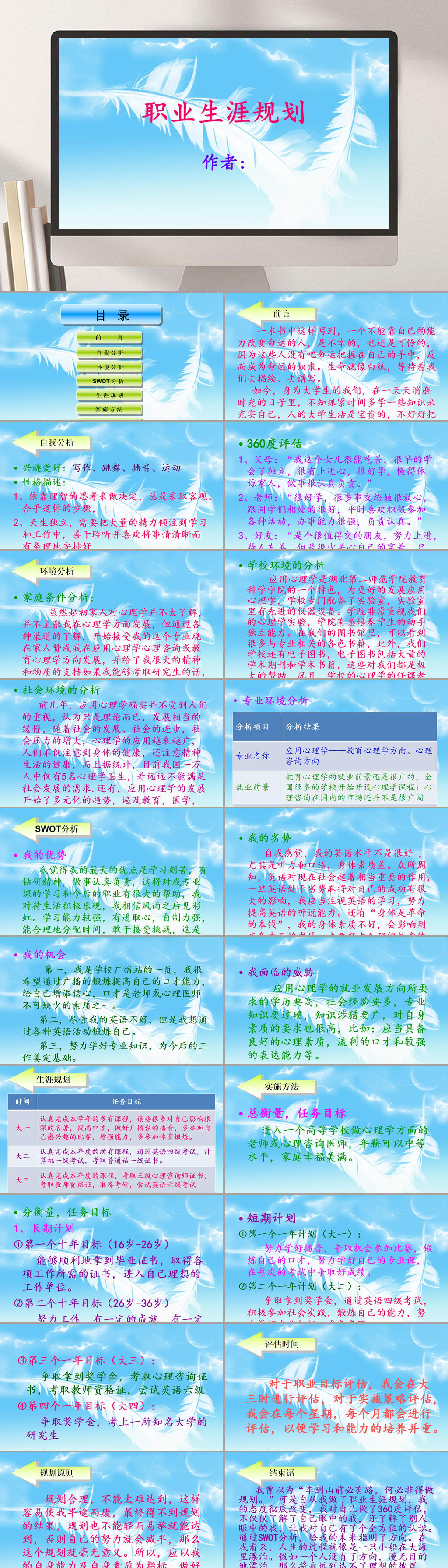 淡蓝色心理学专业职业生涯规划书PPT素材