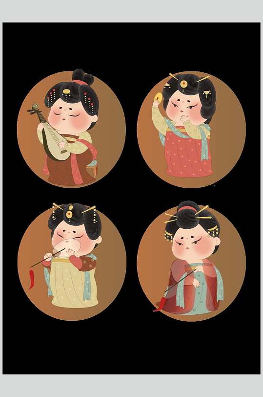 圆形黑黄简约侍女人物插画矢量素材