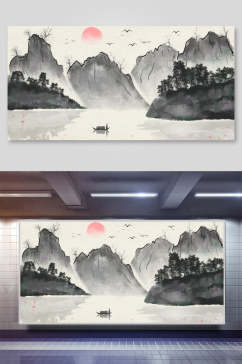 山中国画水墨意境丹青背景展板