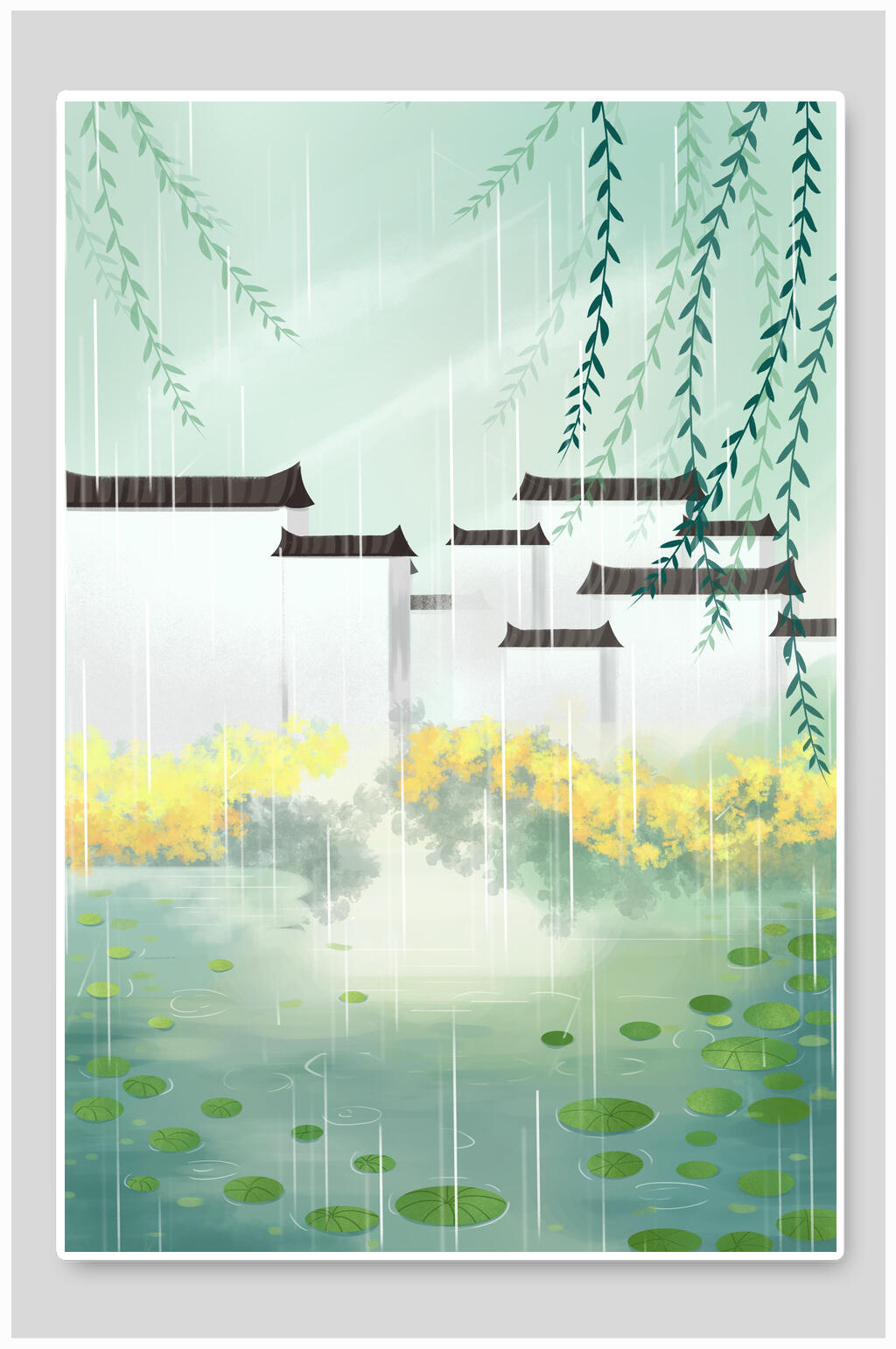 清新谷雨绿色荷塘手绘插画素材