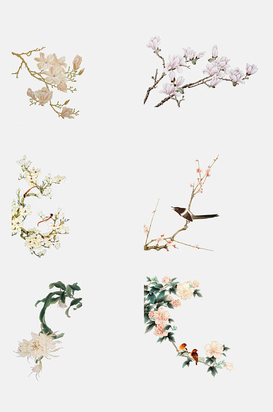 简洁大气古风雅韵花朵工笔画免抠素材