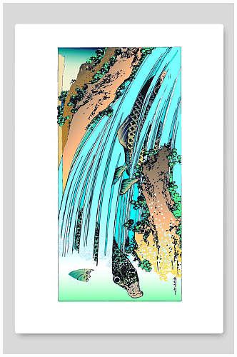 日式鱼类浮世绘风景插画素材