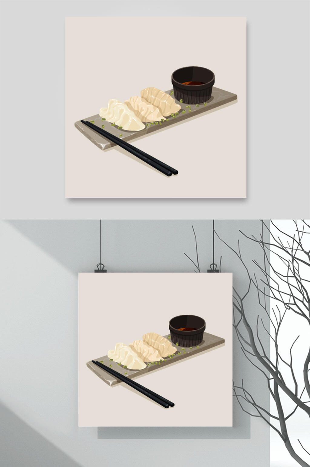 簡(jiǎn)約餃子筷子美食插畫(huà)矢量素材素材