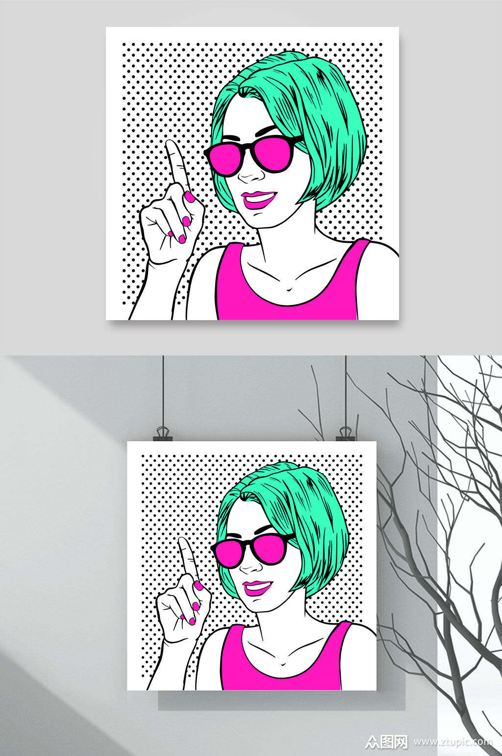 手绘紫白波普风格人物插画矢量素材