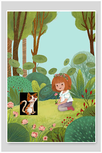 猫与女孩森林手绘插画素材