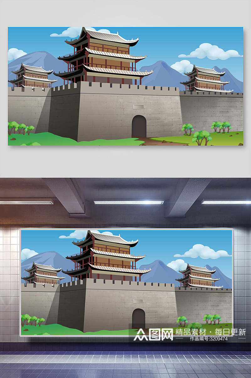 中国古代建筑门楼城墙插画素材