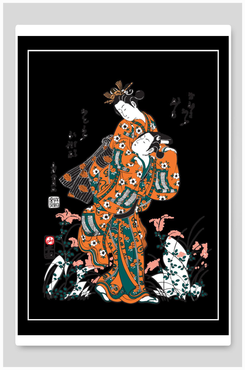 黑底浮世绘风景插画图片素材