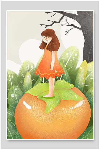 橘色大柿子手绘霜降节气海报插画