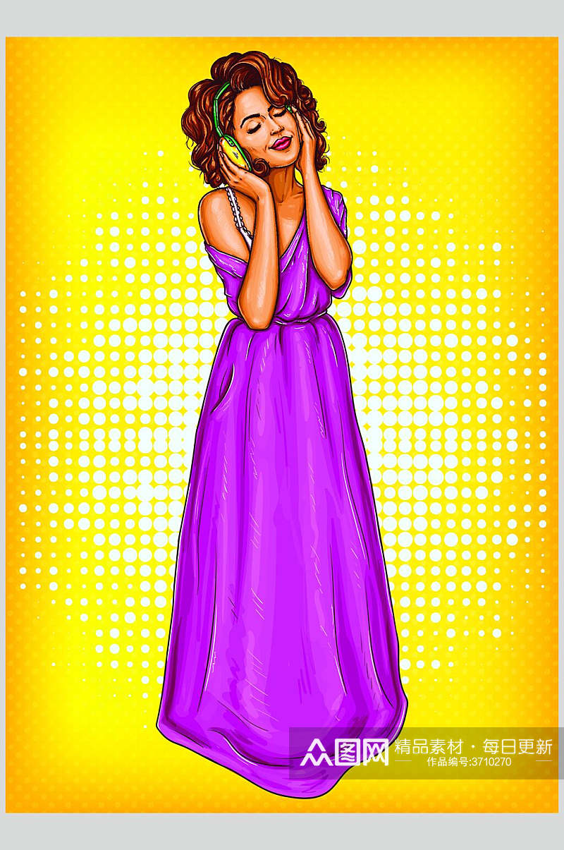 紫色裙子波普风格人物插画矢量素材素材