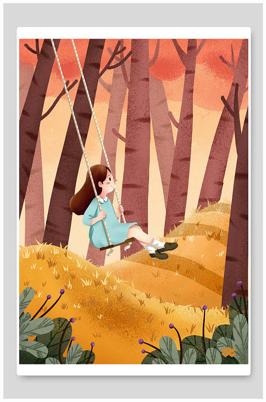 荡秋千秋分节气卡通海报插画素材