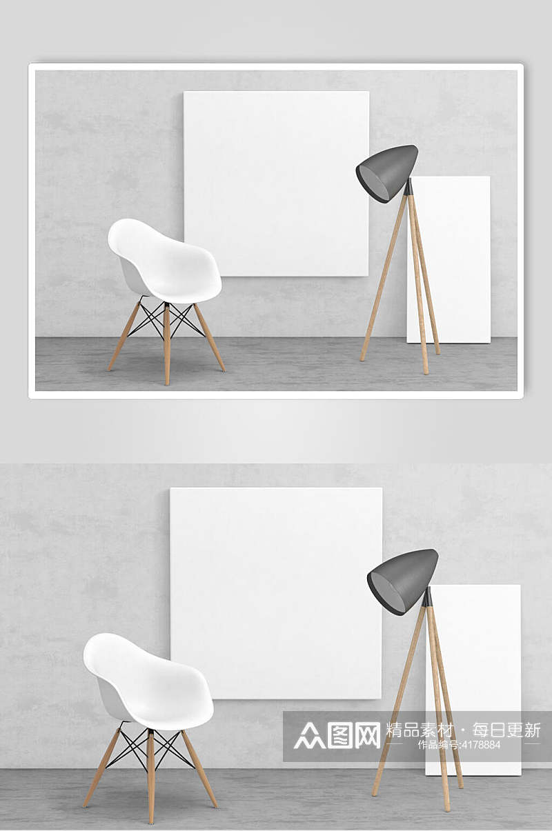 白色画板简约艺白色椅子灰色台灯家居场景展示样机素材