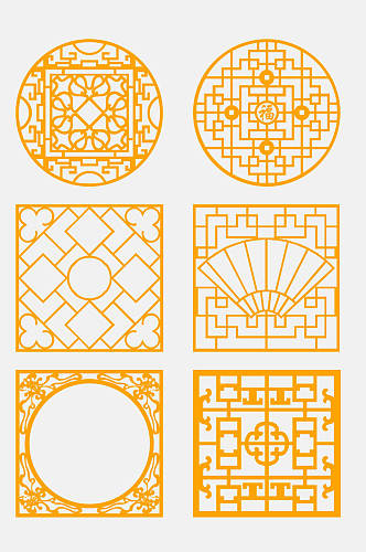 橘色大气中式窗格边框屏风免抠素材