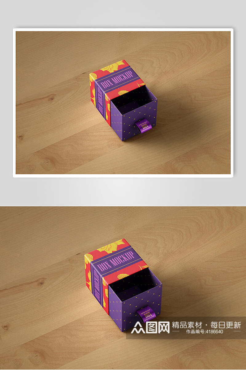 盒子木地板黄紫色礼品包装展示样机素材