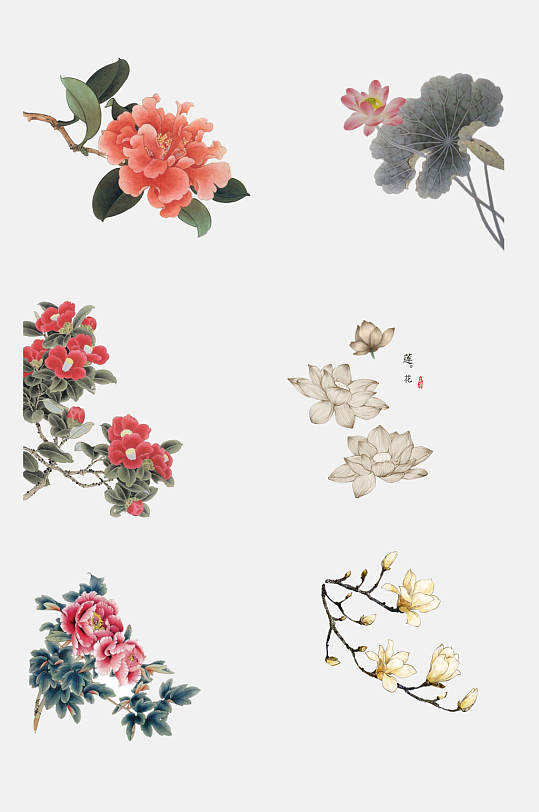 唯美古风雅韵花朵工笔画免抠素材