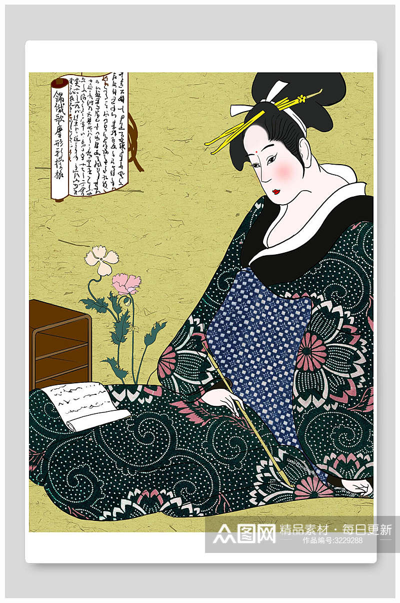 日本浮世绘读书插画图片素材