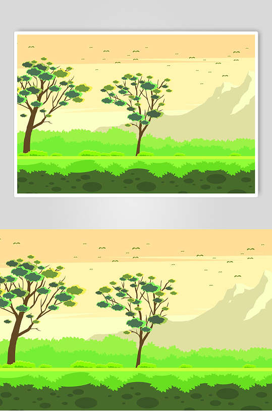 黄绿色清新扁平化森林山脉风景插画
