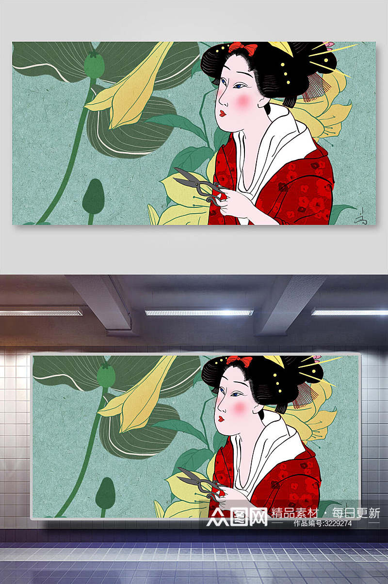 荷叶日本浮世绘插画图片素材