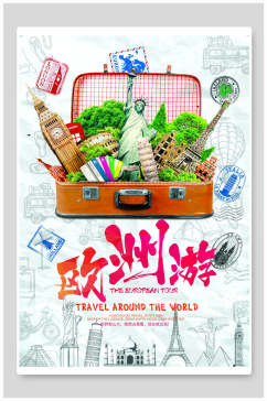 简洁大气行李箱世界欧洲游旅行海报