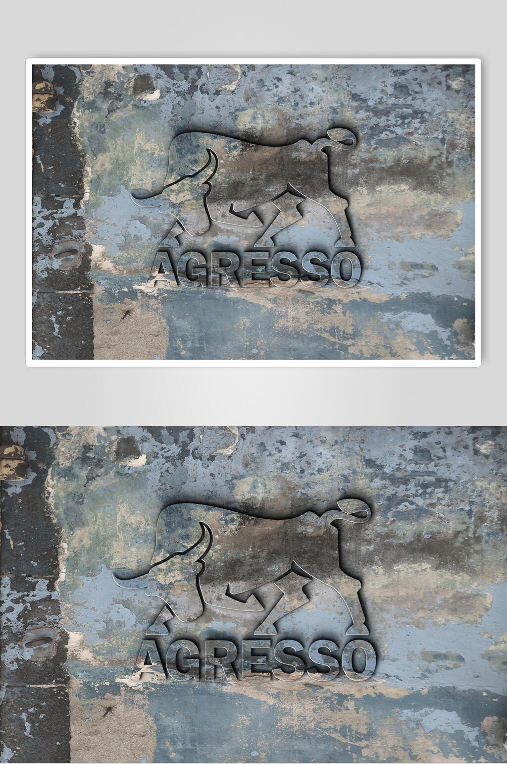 斑驳墙体水牛浮雕品牌LOGO设计墙面展示场景样机素材