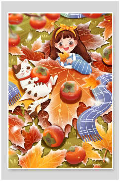 小女孩枫叶柿子手绘霜降节气海报插画