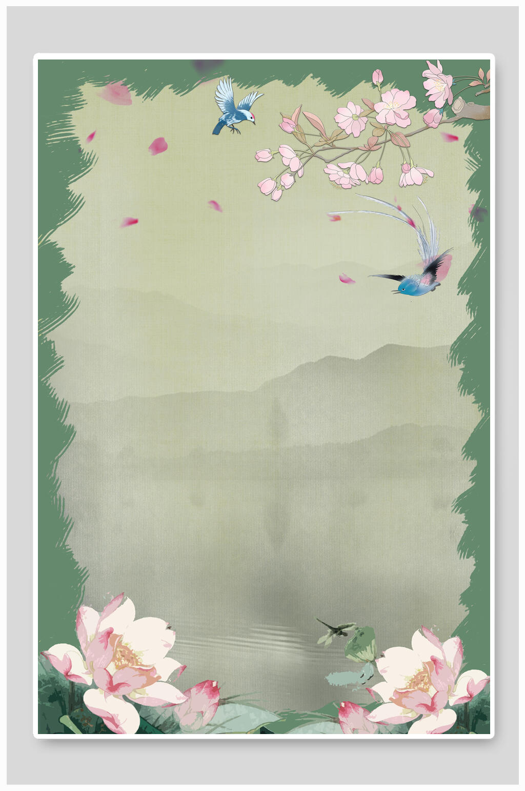 荷花古风水墨山水背景素材