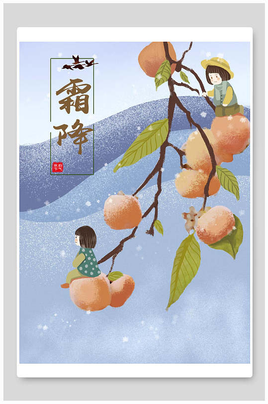浅蓝色柿子树手绘霜降节气海报插画