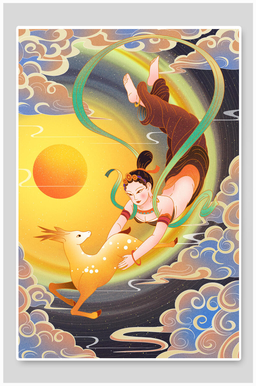 祥云国潮文化人物仙女下凡风景插画素材