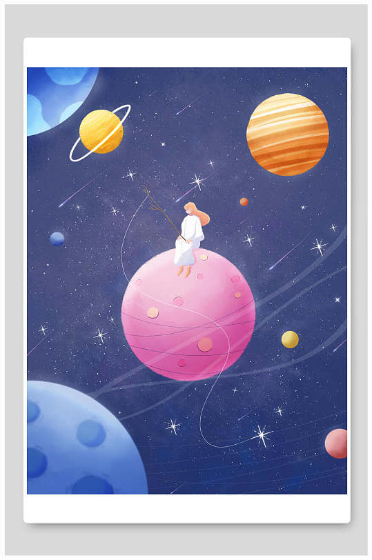 蓝色圆形高级感星际太空宇航员插画