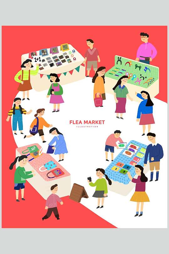 清新人群时尚卡通热闹场景插画素材