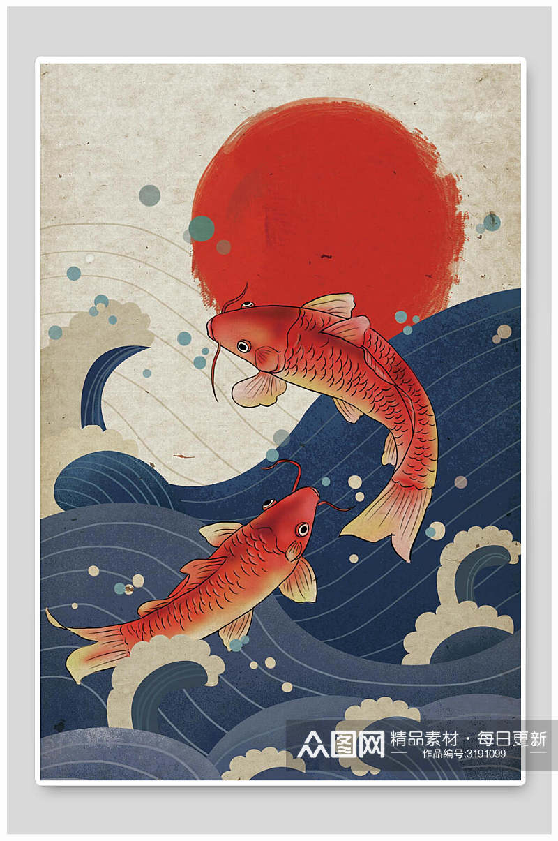 鲤鱼红日日本浮世绘插画素材素材