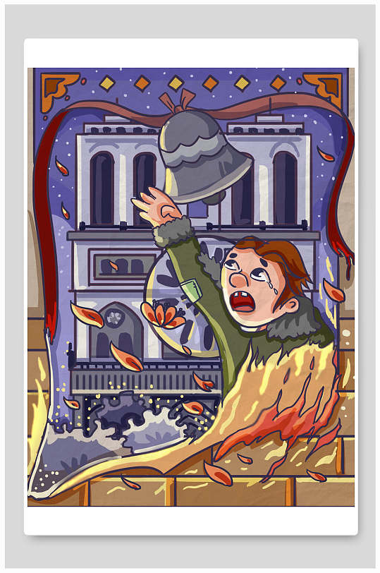 手绘创意救火敲钟国潮风插画