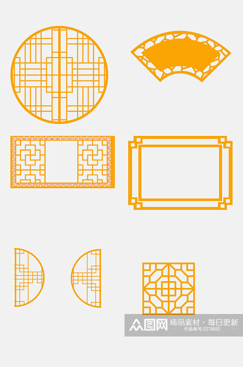 橘色精致中式窗格边框屏风免抠素材素材
