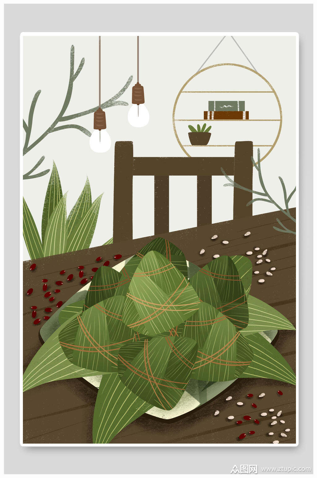 粽子绿黄高级感大气手绘端午节插画