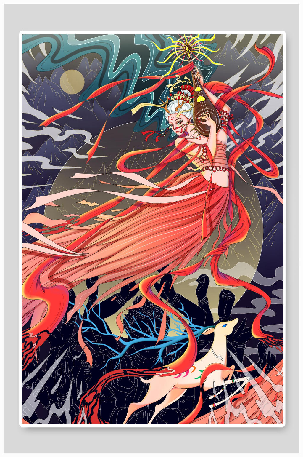 国潮文化人物琵琶仙女风景插画素材
