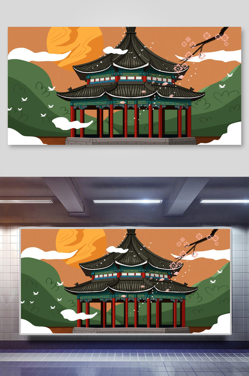 中国古代建筑凉亭楼宇插画素材