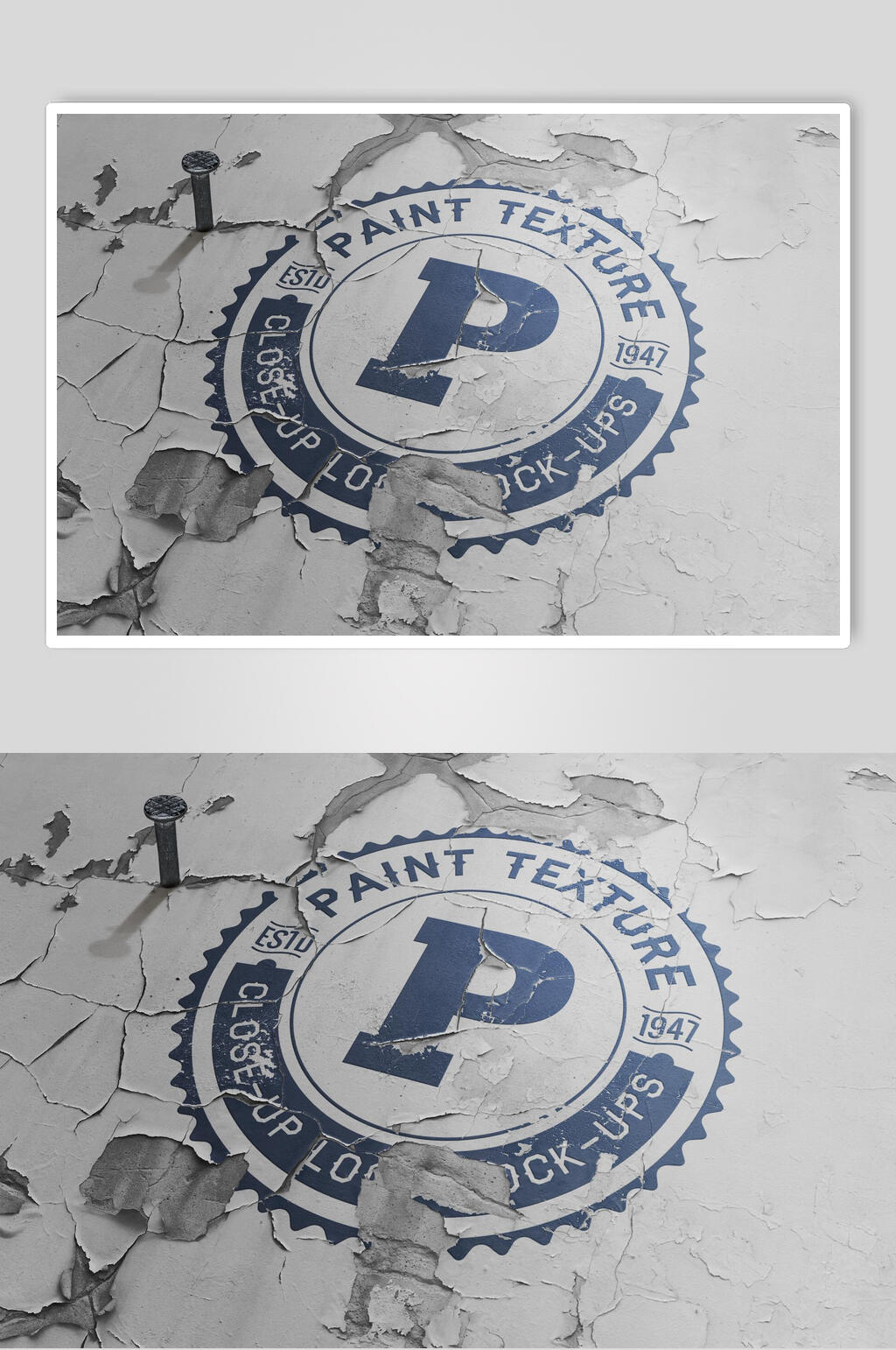 蓝色古典品牌LOGO设计墙面展示场景样机素材