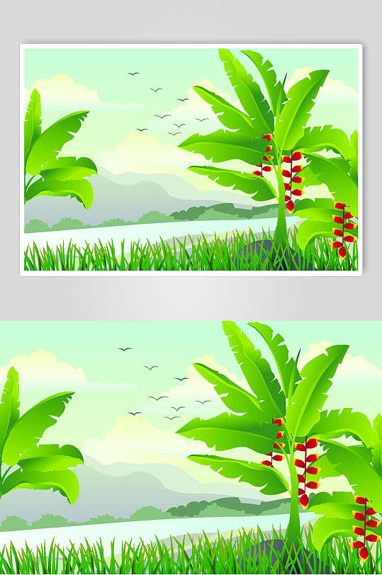 手绘绿清新扁平化森林山脉风景插画