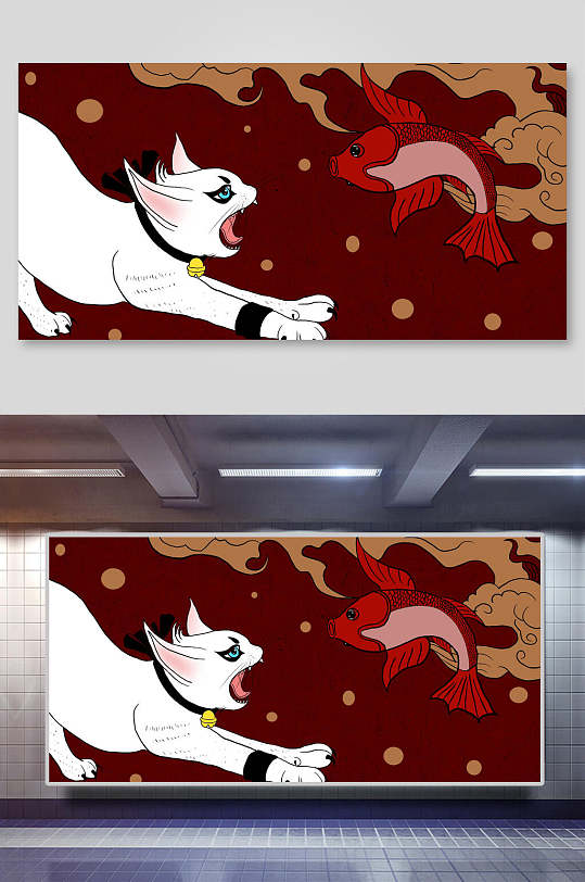 日本浮世绘猫抓鱼插画